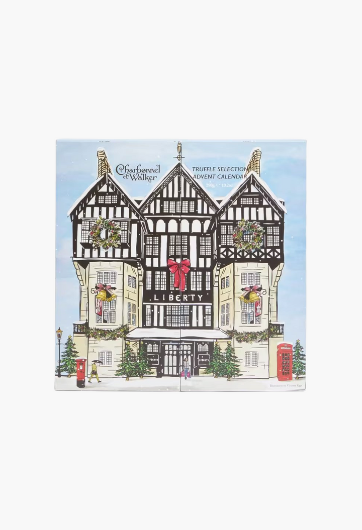 GLAM MODA Charbonnel et Walker truffle advent calendar featuring a festive Liberty London store façade illustration.