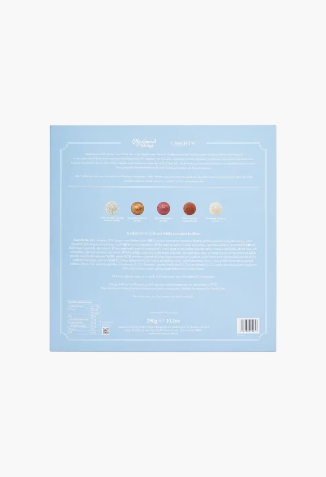 GLAM MODA Liberty Print Truffle Selection Advent Calendar back view showing ingredients and product information