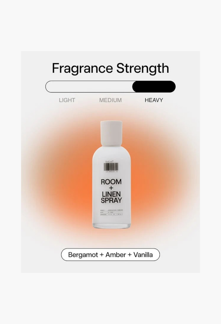 GLAM MODA 01 Taunt room and linen spray in a white glass bottle with bergamot, amber, and vanilla fragrance notes.