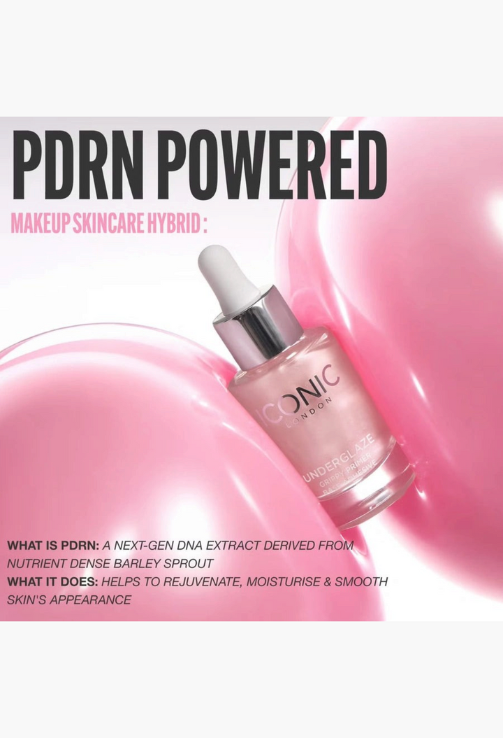GLAM MODA ICONIC London Underglaze Grippy Primer bottle nestled between two glossy pink balloons