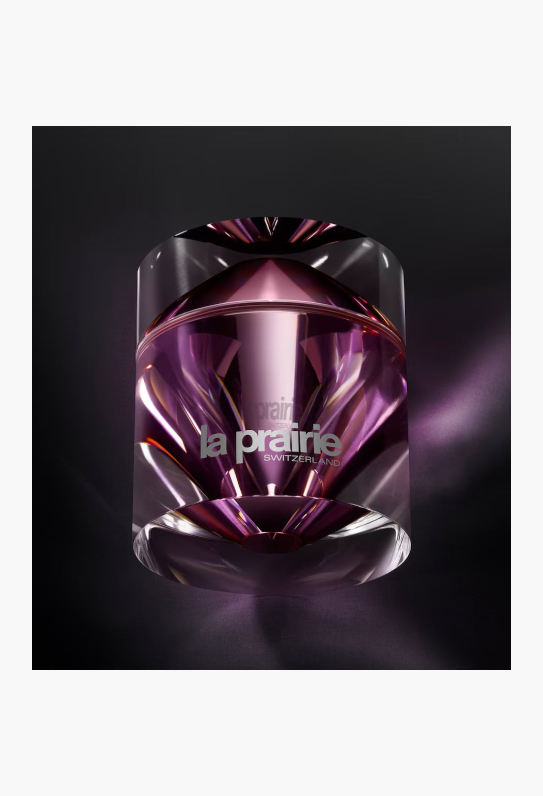 GLAM MODA La Prairie Platinum Rare Haute-Rejuvenation Cream in a luxurious purple faceted glass jar.