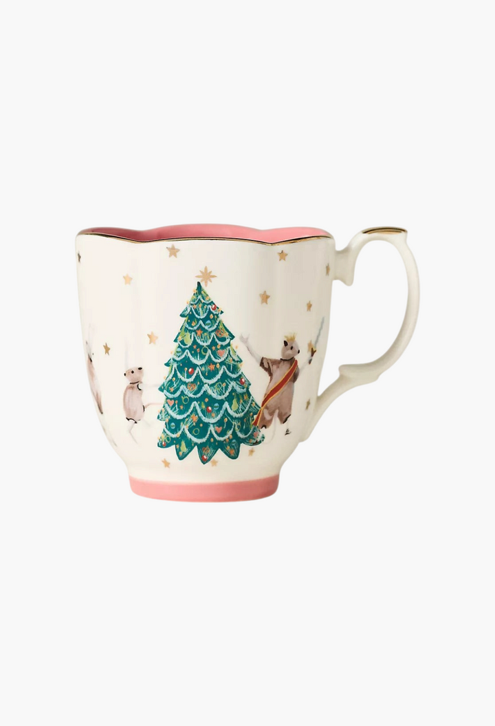 GLAM MODA stoneware mug featuring The Nutcracker ballet characters and a Christmas tree with pink rim and base