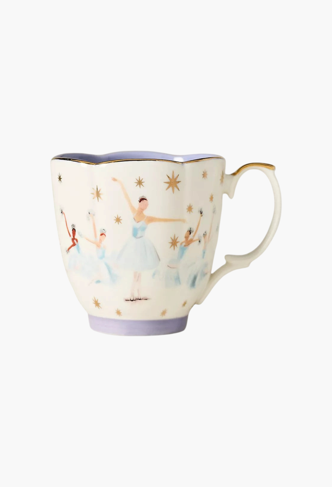GLAM MODA stoneware mug featuring a Nutcracker ballet dancer print with gold stars and a lavender rim and base.
