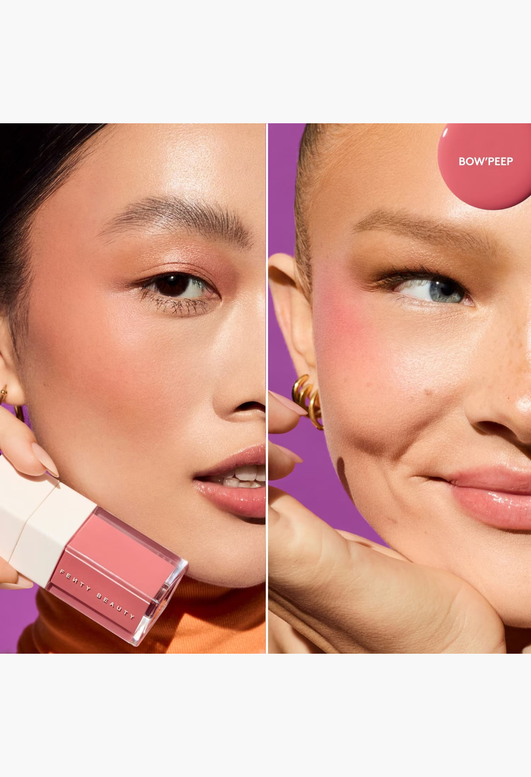 GLAM MODA Shake 'N Play buildable liquid blush in Bow'Peep shade applied on two models for a natural blurred finish