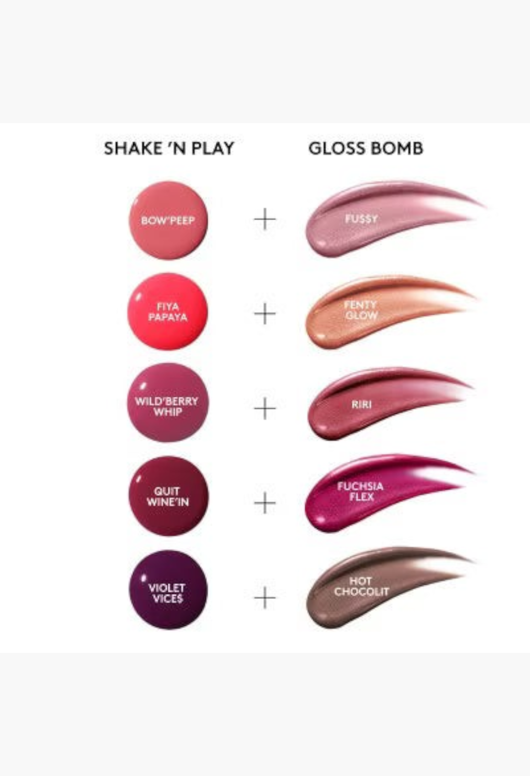 GLAM MODA Shake 'N Play liquid blush and Gloss Bomb lip gloss shade swatches in various pink, berry, and brown tones.