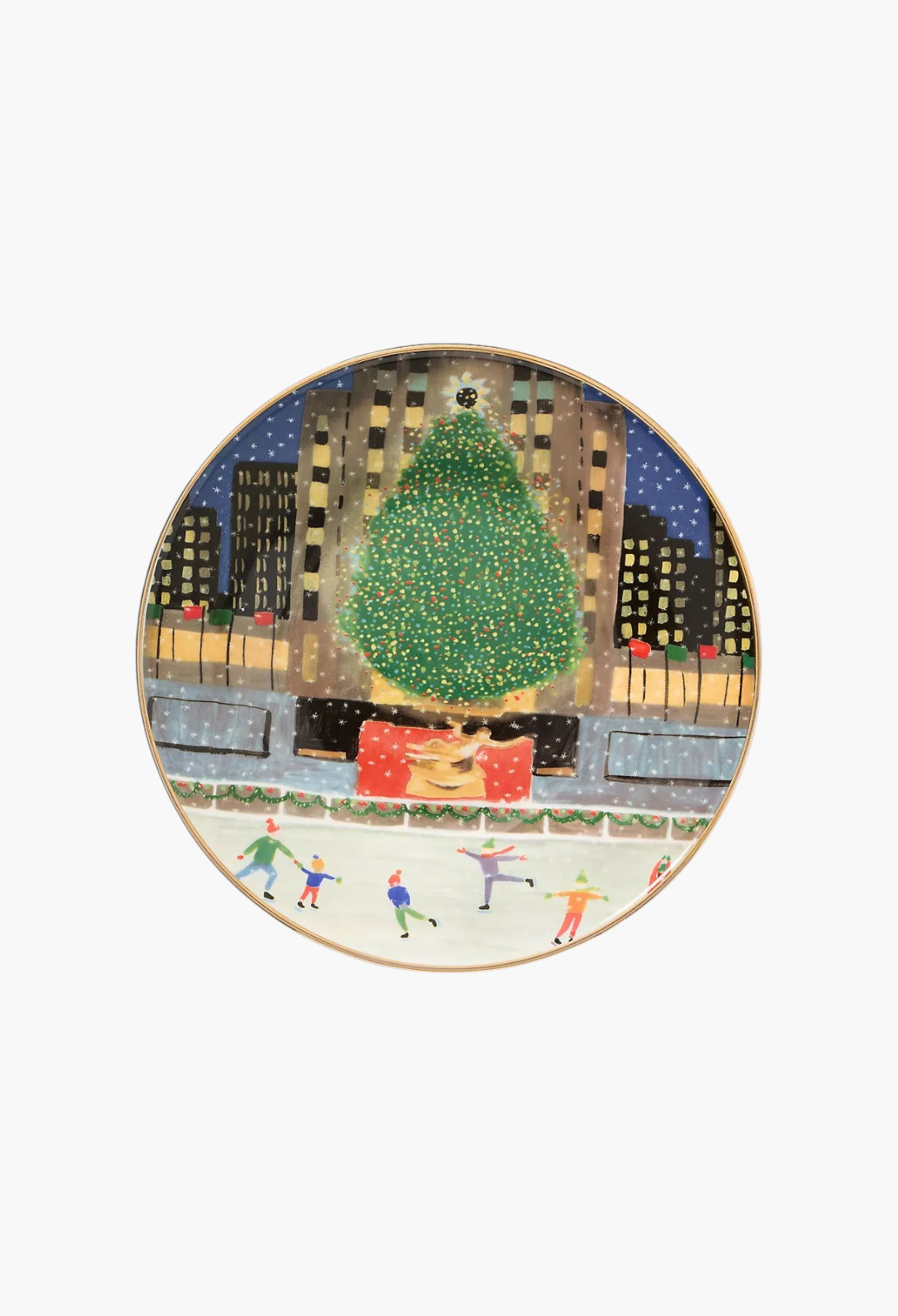 GLAM MODA Holiday in the City stoneware dessert plate featuring a festive New York ice skating scene with gold trim.
