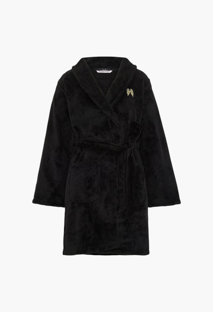 GLAM MODA Victoria's Secret black plush robe with shawl collar, tie waist, side pockets, and gold angel wing logo