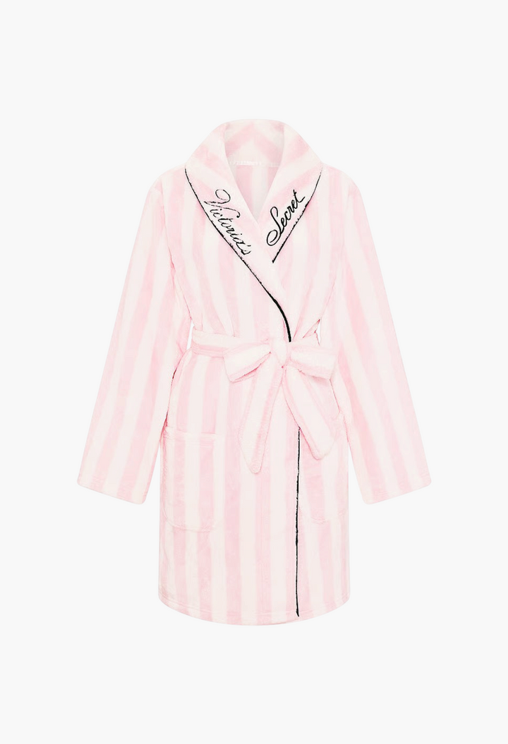 GLAM MODA Victoria's Secret pink and white striped plush robe with shawl collar and black logo embroidery