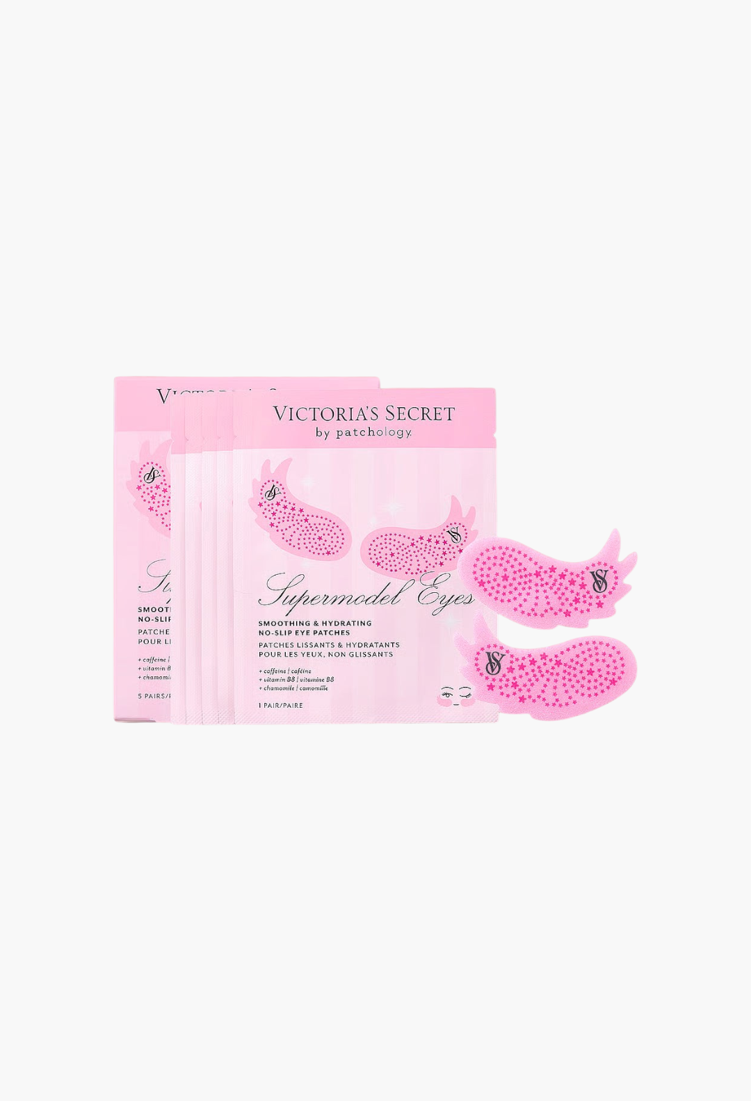 GLAM MODA Victoria's Secret x Patchology pink wing-shaped undereye patches with signature stripe pattern