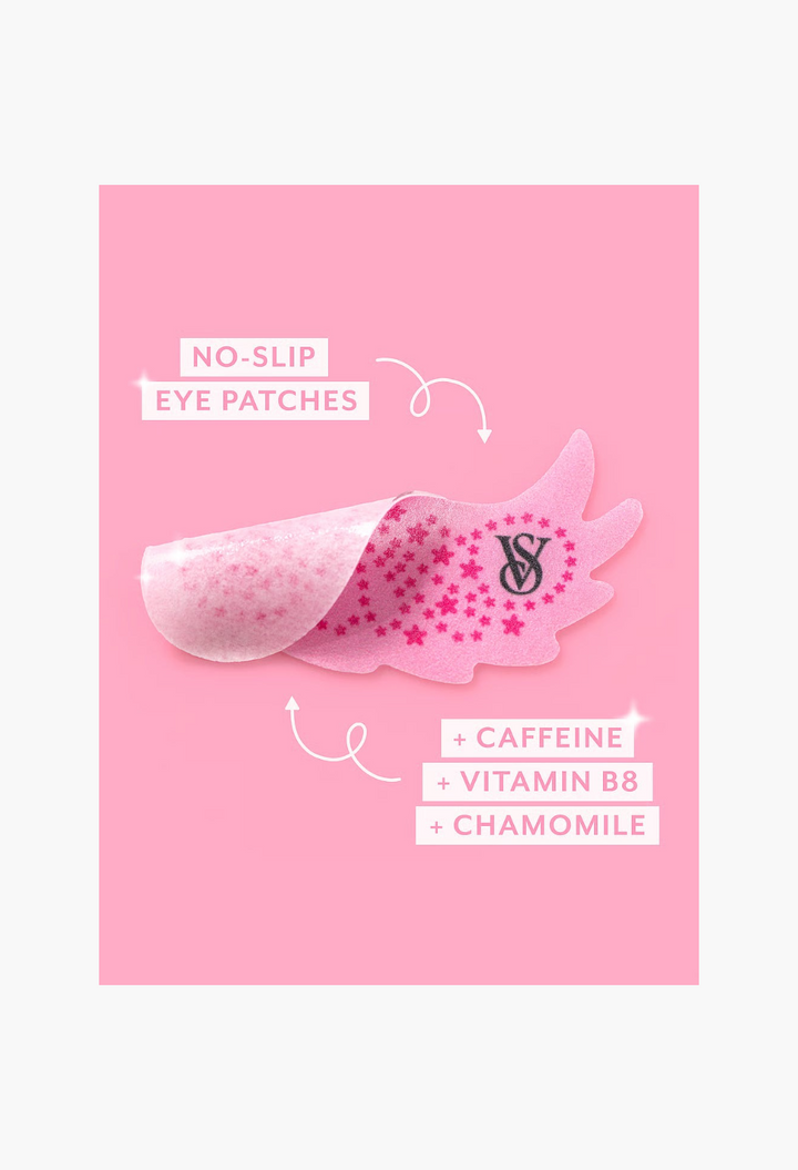 GLAM MODA pink wing-shaped undereye patches with star patterns and Victoria's Secret logo for hydrating skincare