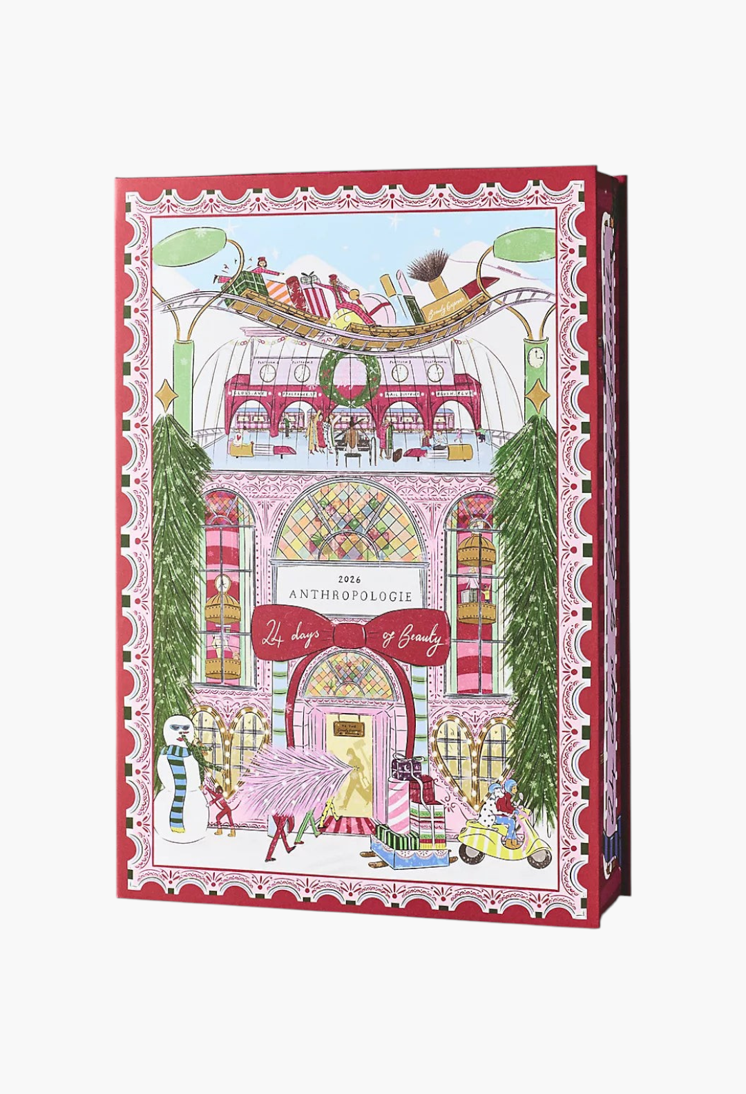 GLAM MODA 2026 beauty advent calendar featuring whimsical holiday illustrations by Nephthys Foster on a red box.