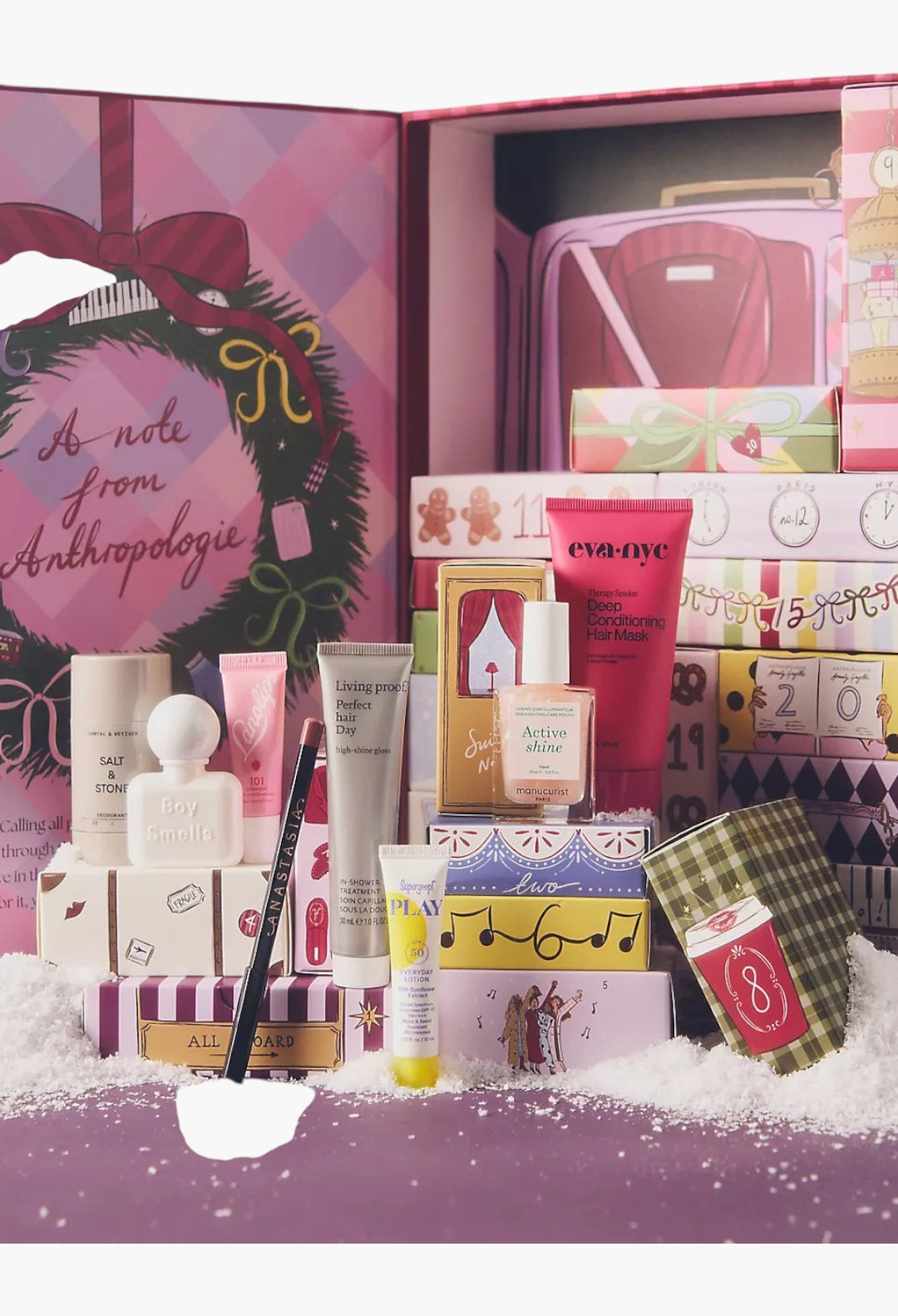GLAM MODA 24-day beauty advent calendar featuring skincare, fragrance, and makeup samples in a whimsical gift box.