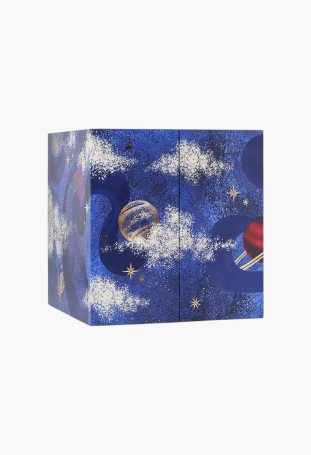 GLAM MODA beauty advent calendar featuring a deep blue celestial design with planets, stars, and clouds.