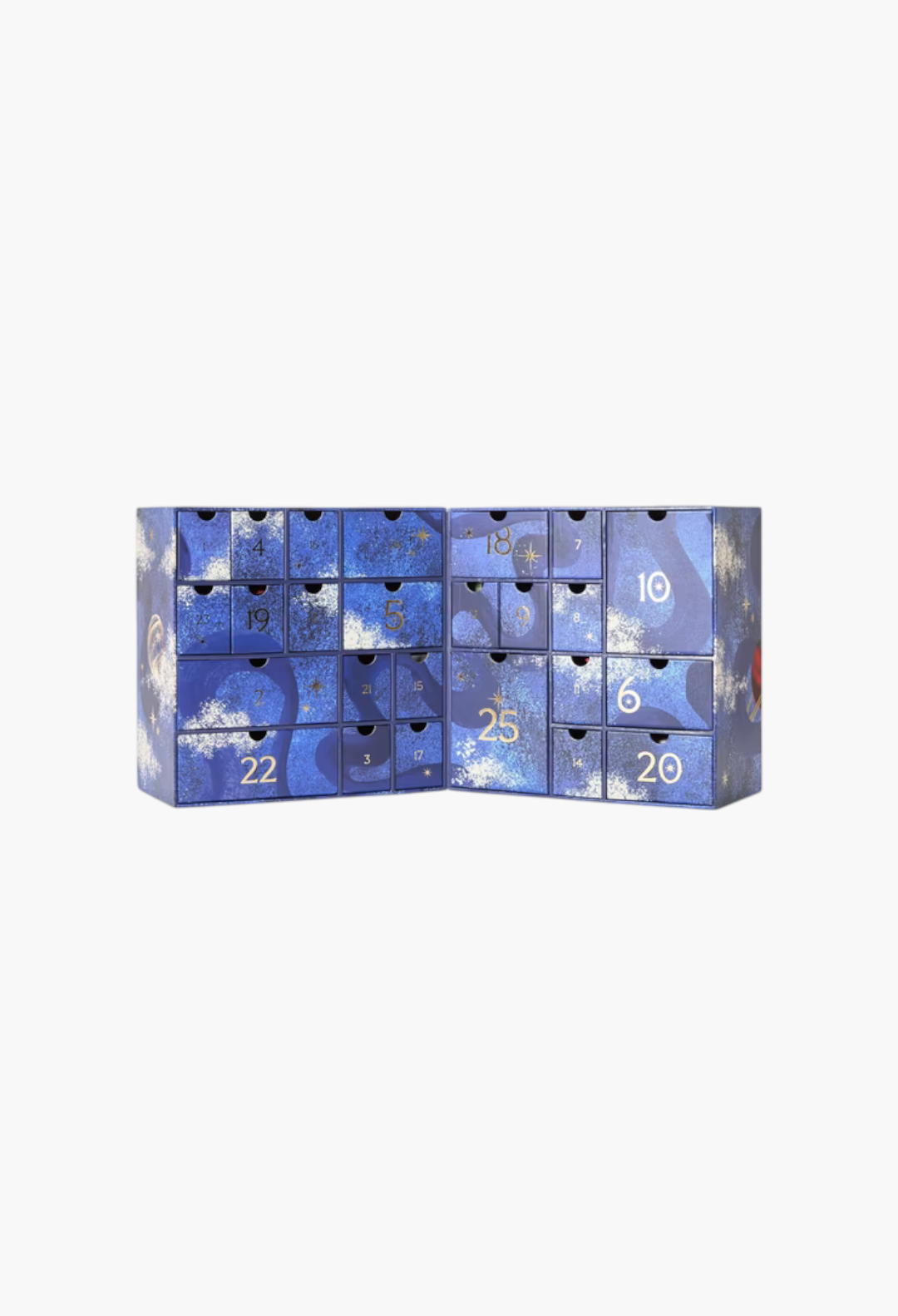 GLAM MODA beauty advent calendar with blue celestial-themed drawers and gold numbered compartments for Christmas.