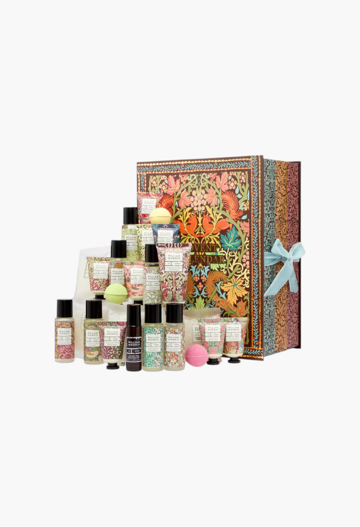 GLAM MODA William Morris At Home 2026 beauty advent calendar featuring 24 vegan bath and body products in floral box
