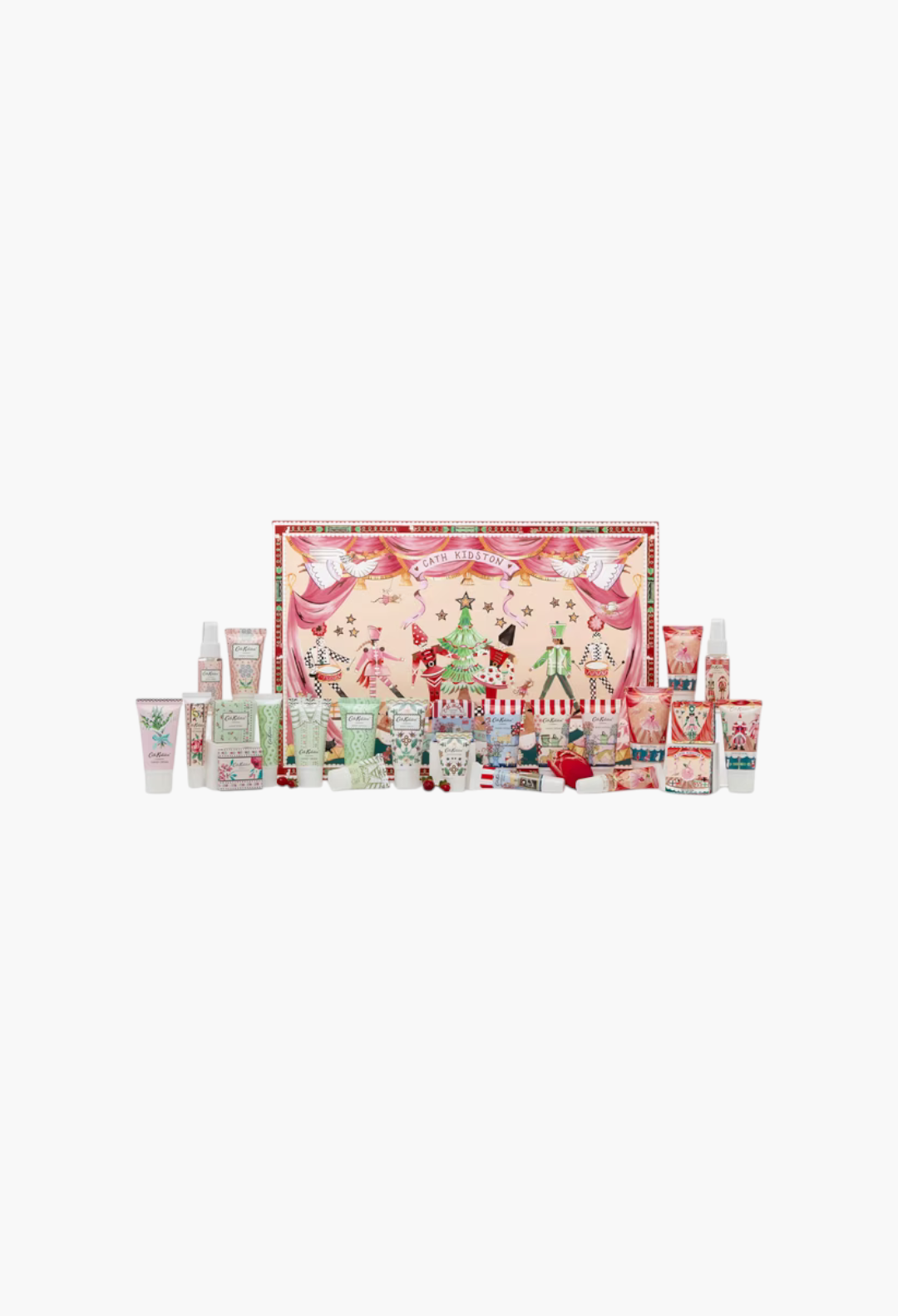GLAM MODA Nutcracker Theatre advent calendar featuring 24 vegan bath and body products with festive holiday designs.