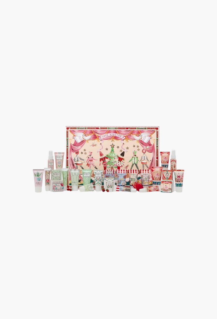 GLAM MODA Nutcracker Theatre advent calendar featuring 24 vegan bath and body products with festive holiday designs.