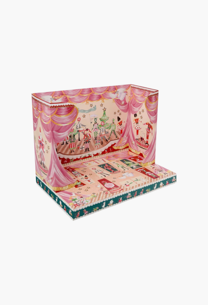 GLAM MODA Nutcracker Theatre advent calendar with 24 vegan bath and body products in a festive stage design