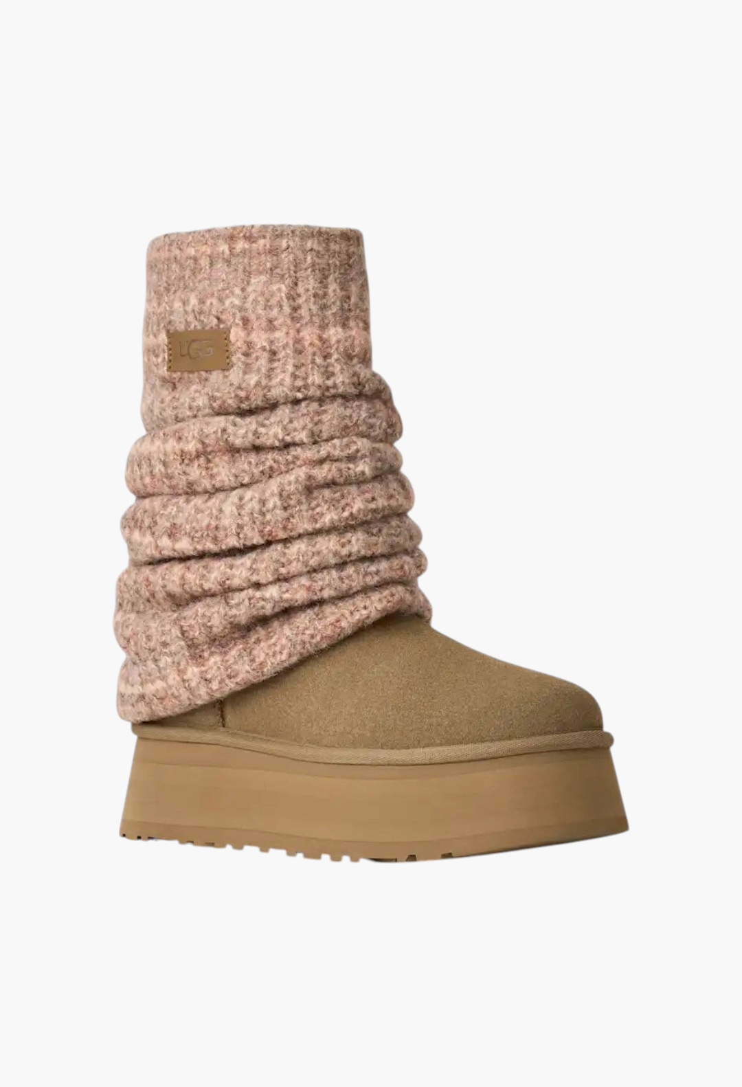 GLAM MODA Women's Classic Mini Dipper platform boot with a tan suede vamp and a removable pink knit leg warmer.