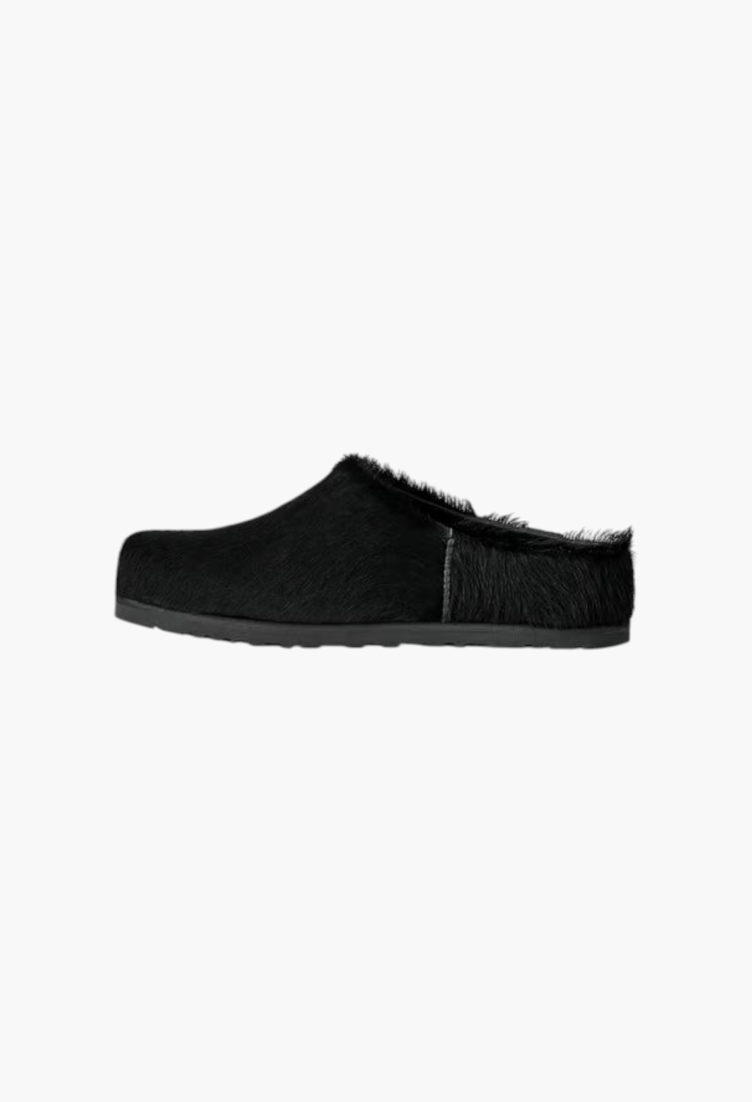 GLAM MODA Otzo black calf hair clog with a textured upper and lightweight rubber sole in a side profile view.