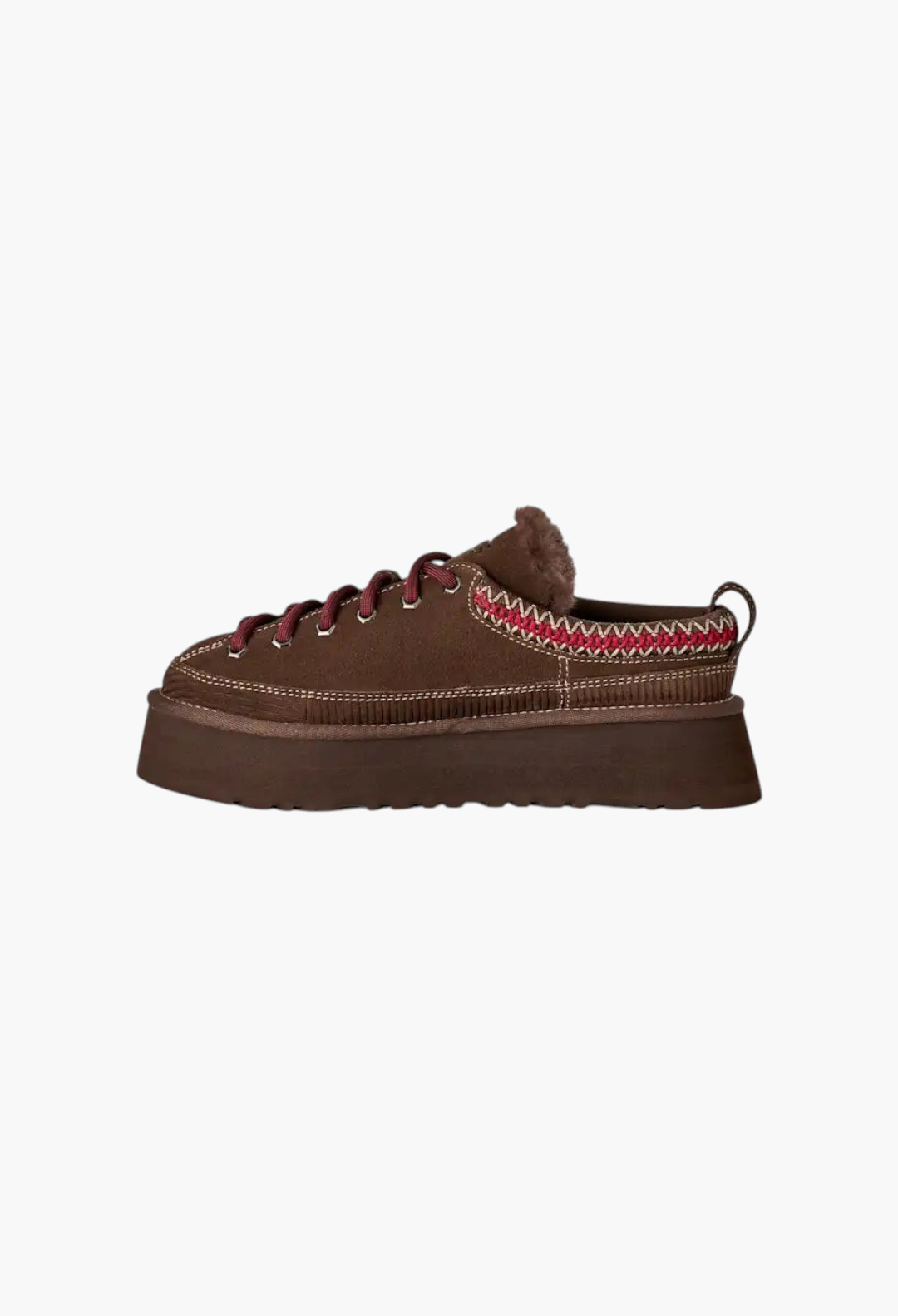 GLAM MODA brown suede lace-up platform slipper with sheepskin lining and decorative pink and white woven trim