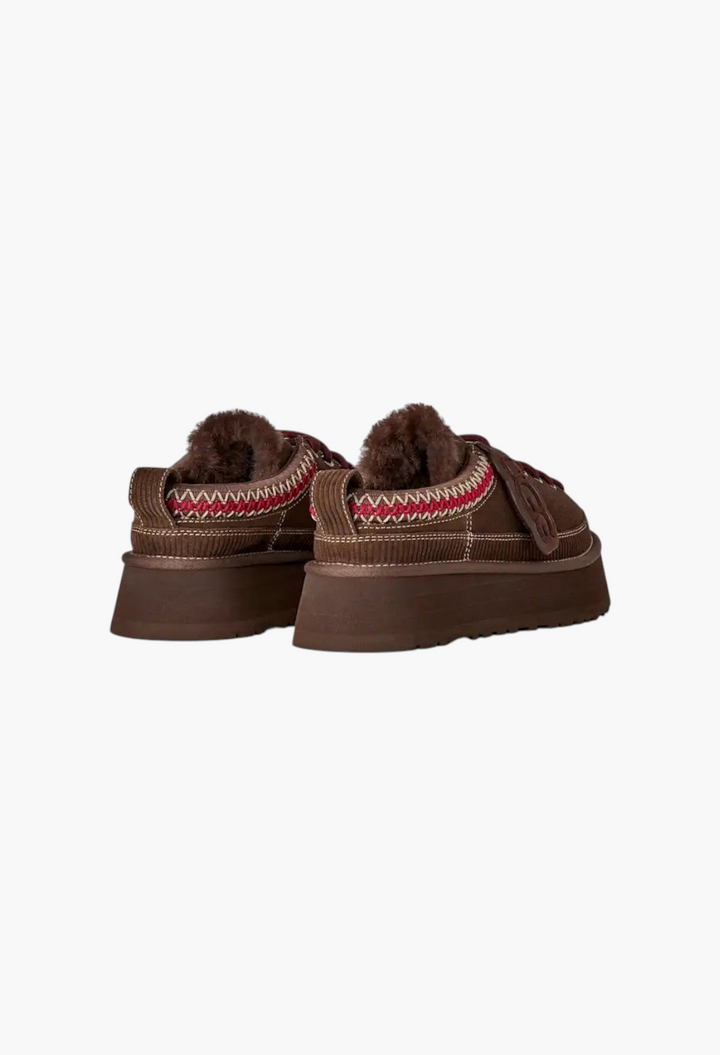 GLAM MODA brown suede lace-up platform slippers with sheepskin lining and decorative UGGbraid detail, rear view