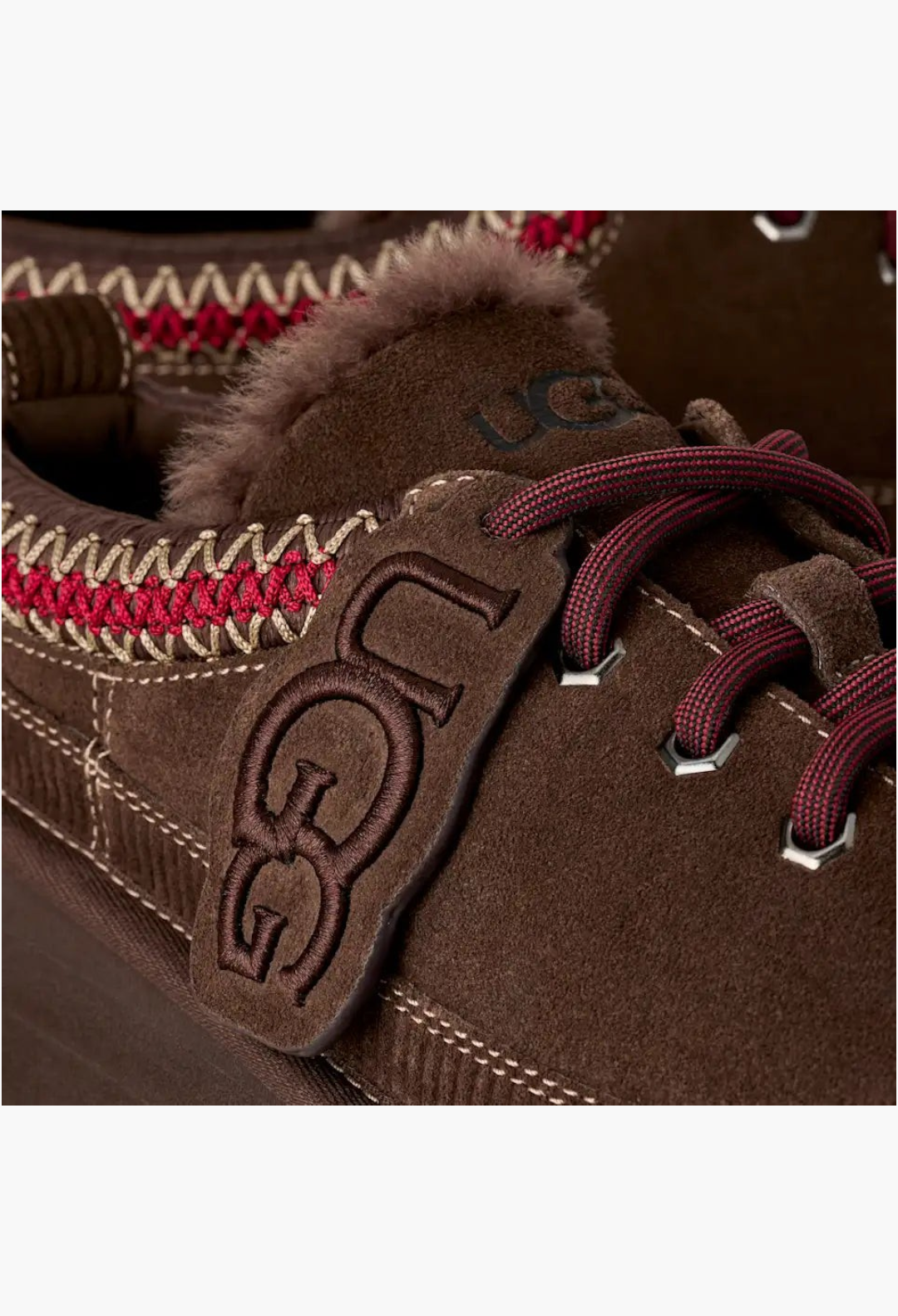 GLAM MODA brown suede lace-up slipper featuring UGGbraid trim, sheepskin lining, and a branded logo charm on the tongue
