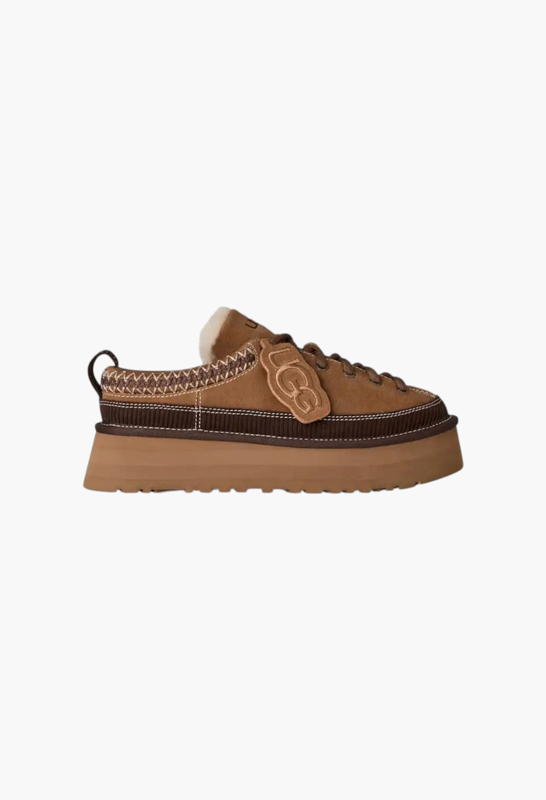 GLAM MODA brown suede lace-up platform slipper with sheepskin lining and removable UGG logo charm