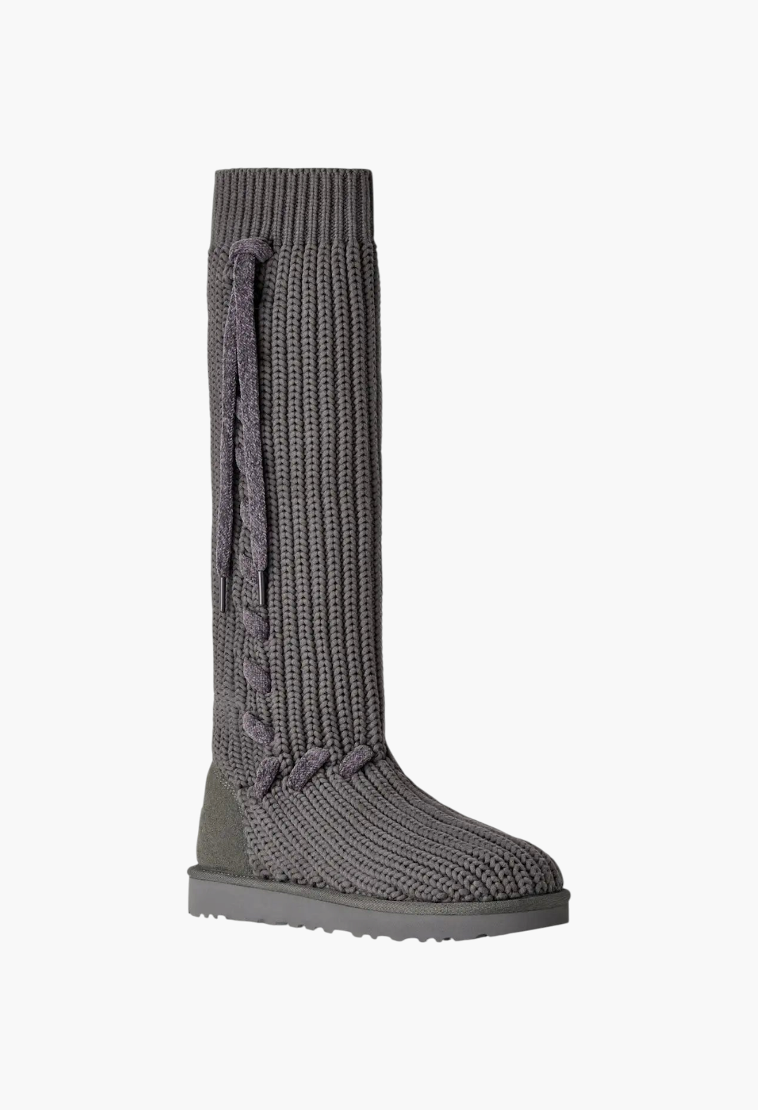 GLAM MODA grey tall knit boot with oversized whipstitch detailing, decorative laces, and a suede heel counter.