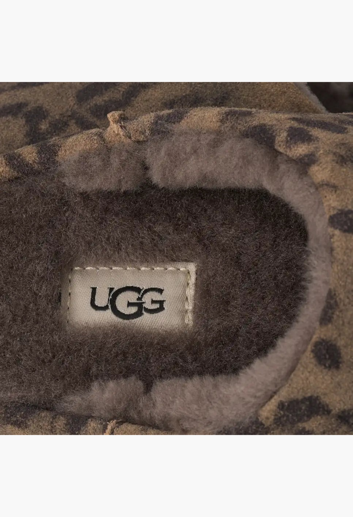 GLAM MODA UGG Elea slip-on slipper in distressed cheetah print suede with plush sheepskin lining and branded insole