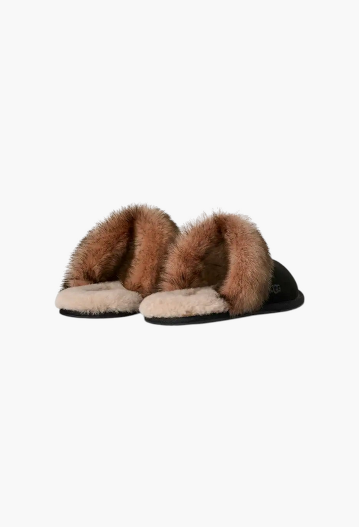 GLAM MODA Women's Scuffette black nubuck slippers with fluffy sheepskin collar and warm wool lining