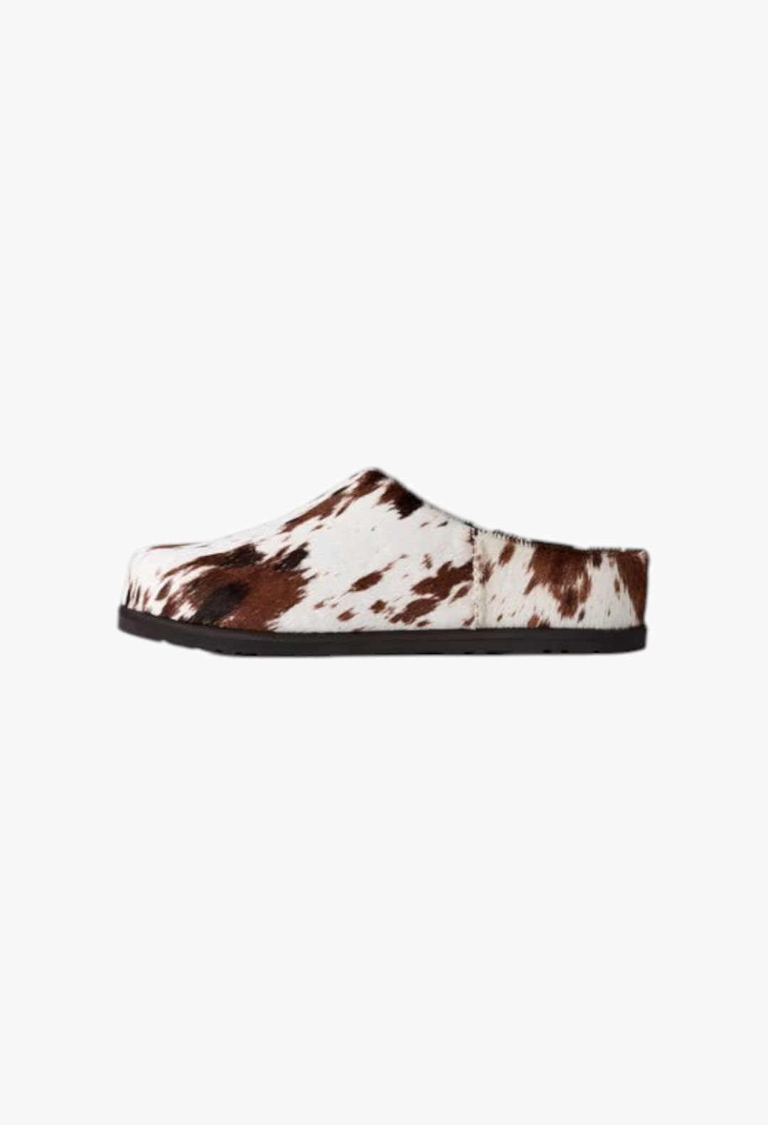 GLAM MODA Otzo Western clog featuring a hand-painted brown and white cow hair upper with a durable rubber outsole.