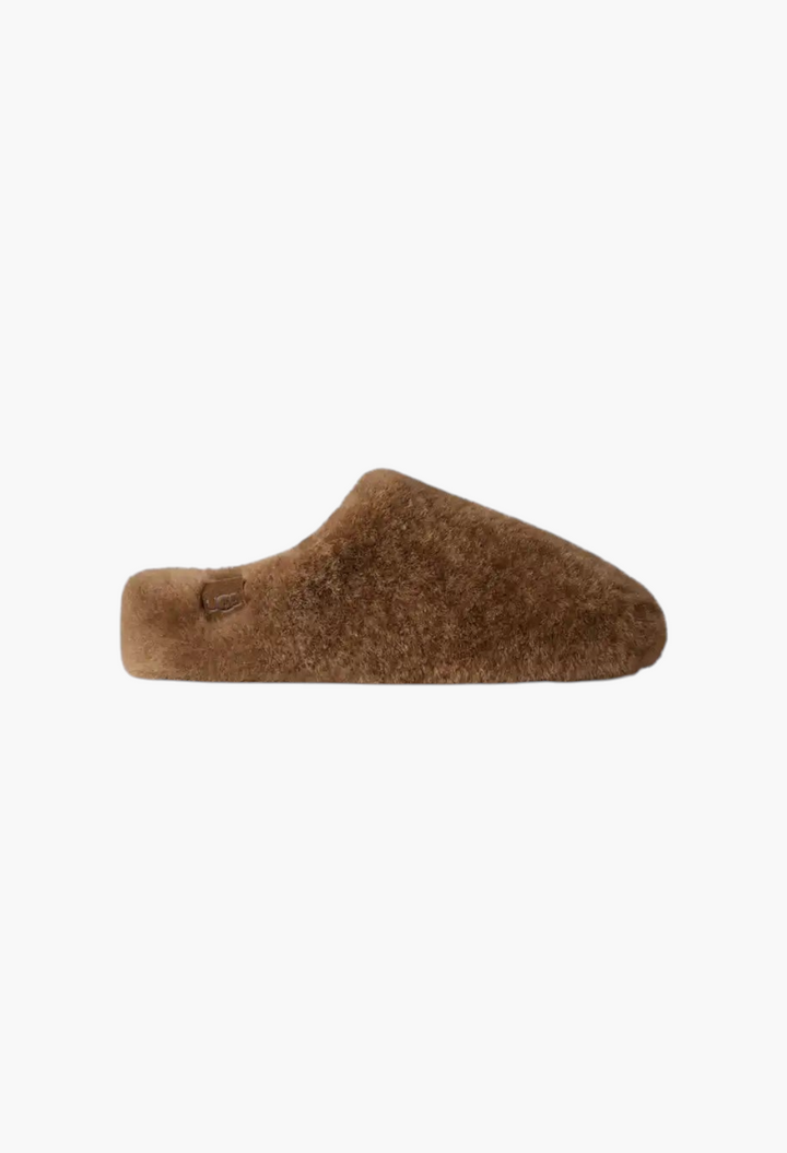 GLAM MODA women's brown sheepskin Elea fluffed slip-on slipper with a minimalist design and molded rubber outsole.