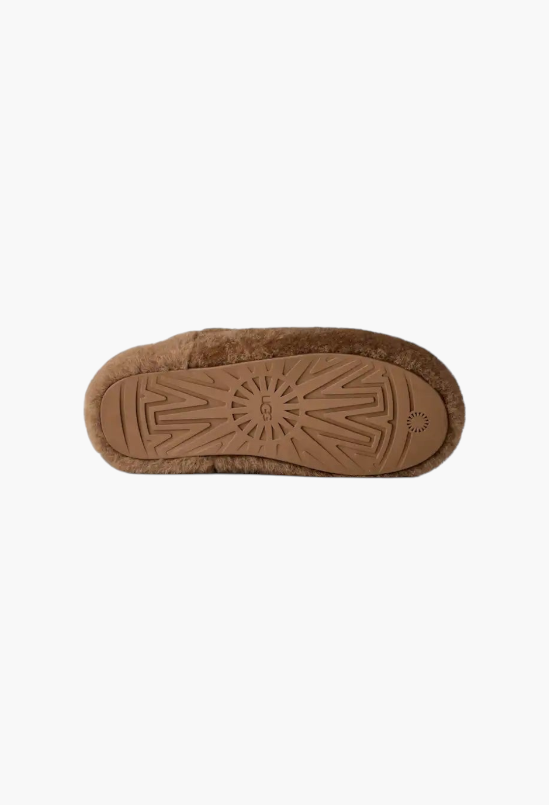 GLAM MODA Elea Fluffed Slip-On slipper showing the brown molded rubber outsole with UGG logo branding