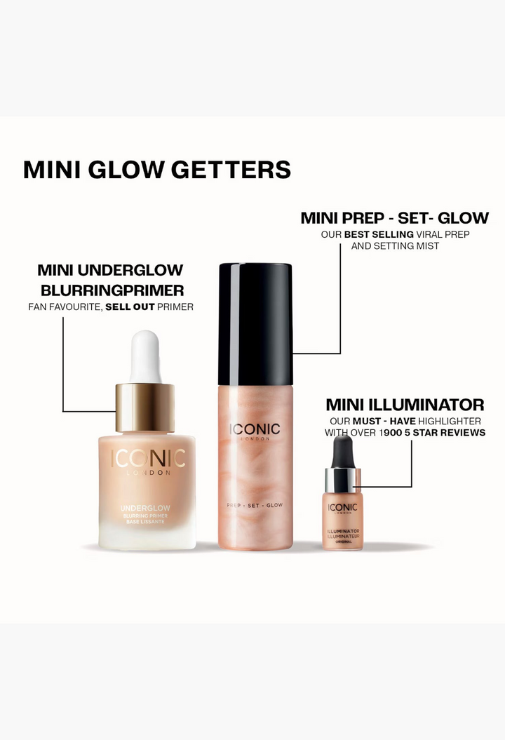 GLAM MODA Mini Glow Getters set featuring ICONIC London blurring primer, setting spray, and liquid highlighter drops.