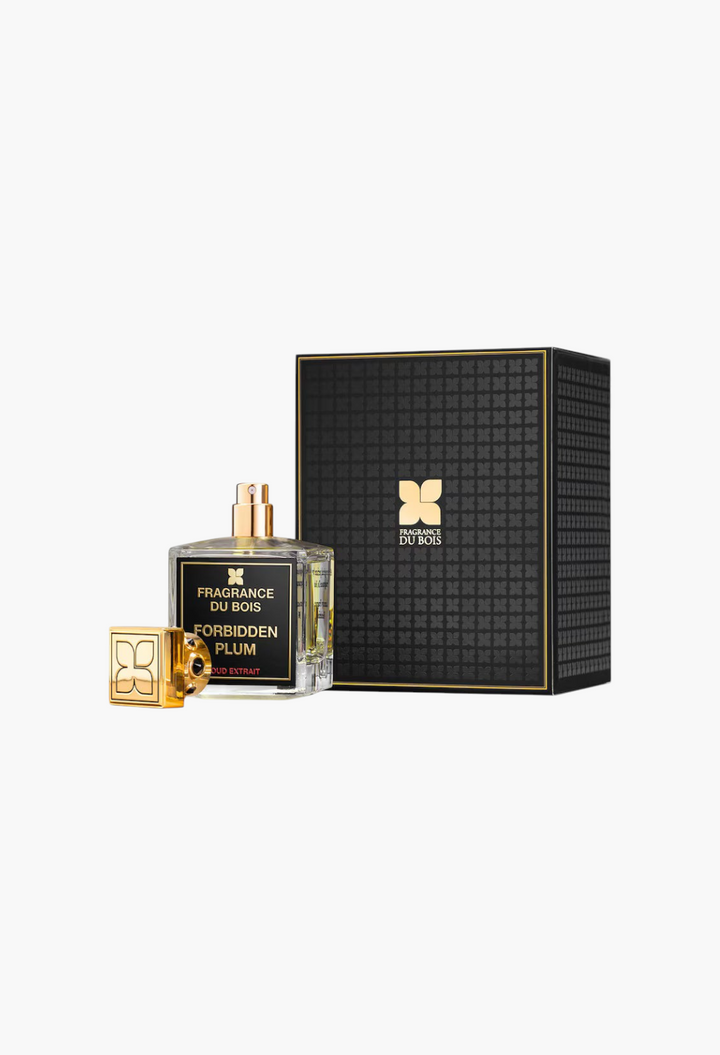 GLAM MODA Fragrance Du Bois Forbidden Plum Oud Extrait perfume bottle with gold cap and elegant black presentation box