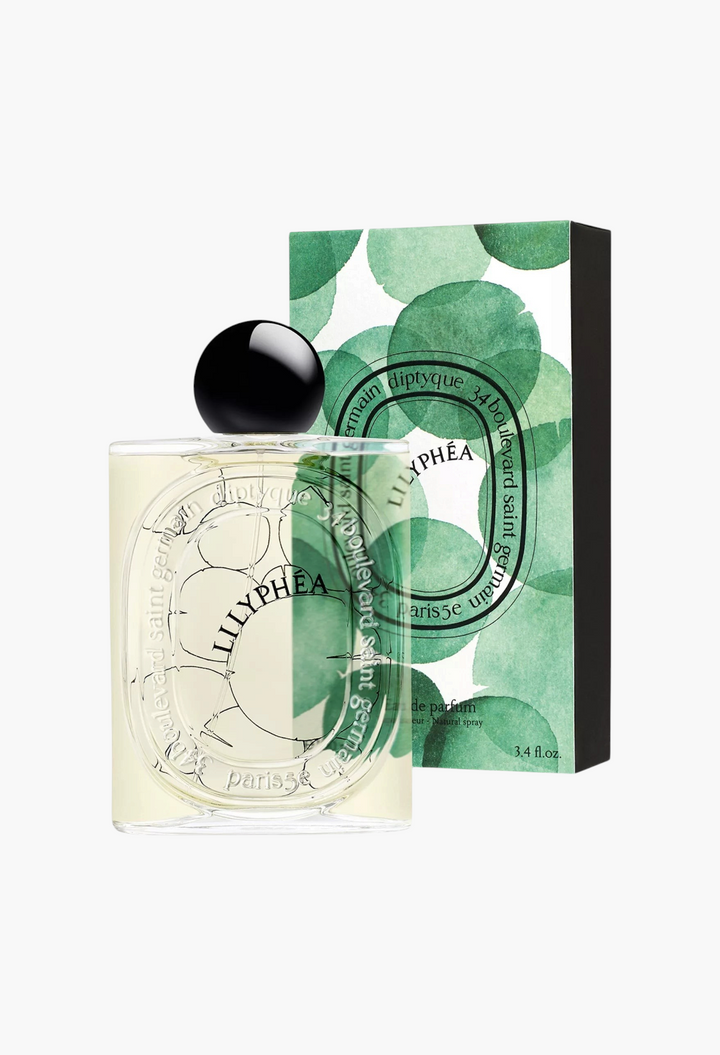 GLAM MODA Diptyque Lilyphéa Eau de Parfum bottle with black cap and watercolor-style green lily pad box packaging.