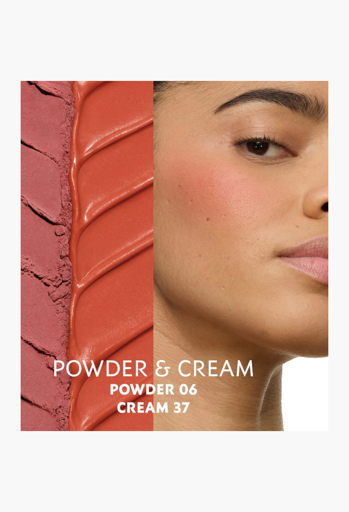 GLAM MODA Make Me Blush cream blush swatches in powder and cream textures applied to a model's cheek for a dewy glow.