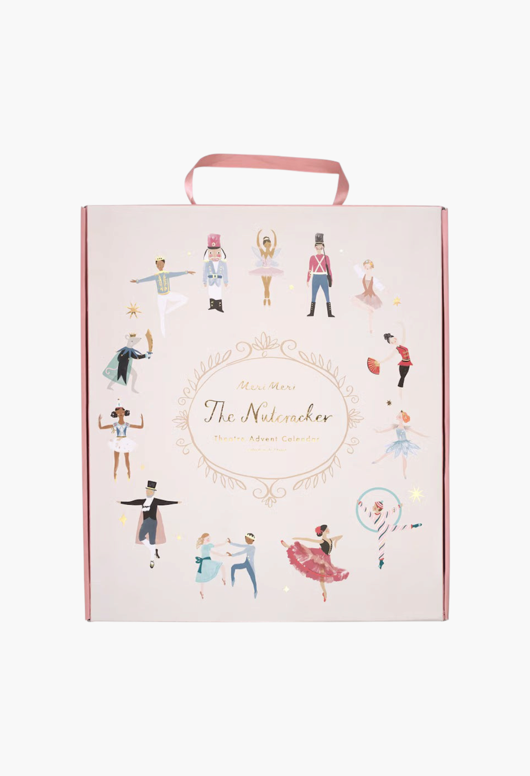 GLAM MODA The Nutcracker advent calendar box with pink handle and festive ballet character illustrations.
