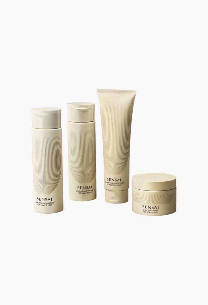 GLAM MODA SENSAI hair care collection featuring a shampoo, conditioner, and mask in beige textured bottles and jars.
