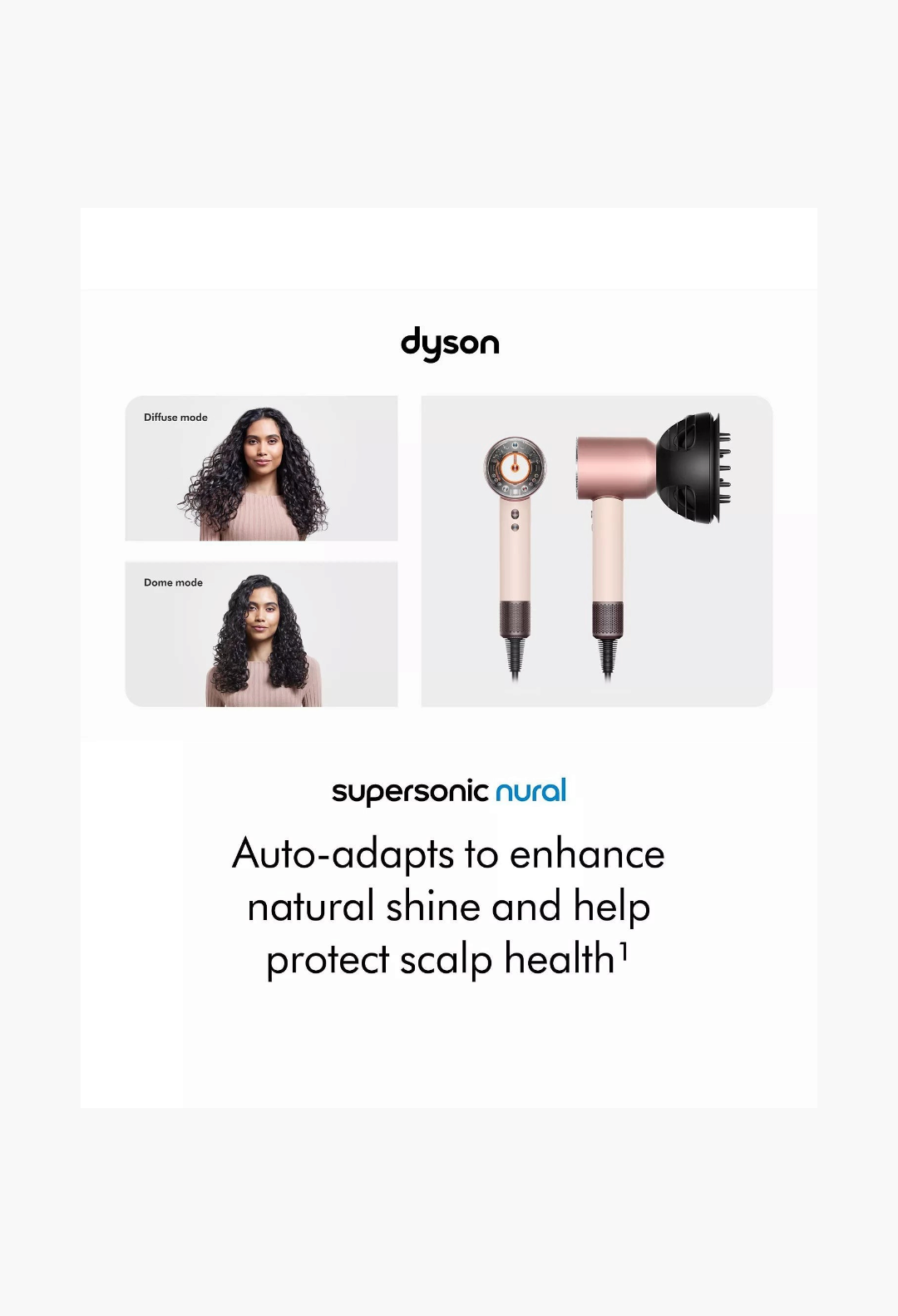 GLAM MODA Dyson Supersonic Nural hair dryer in rose gold with attachments and model demonstrating styling modes