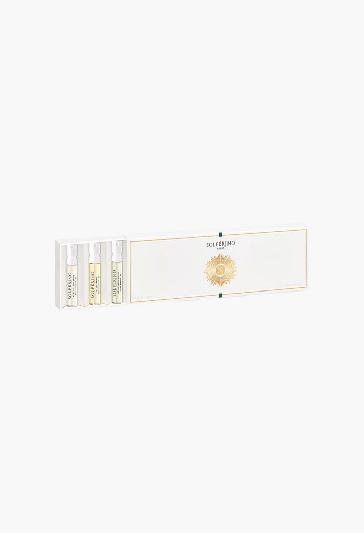 GLAM MODA Solférino Paris fragrance discovery gift set featuring ten miniature eau de parfum vials in a white box.