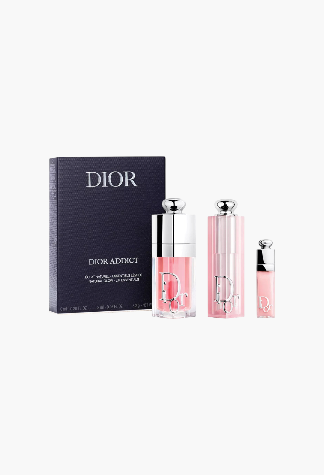 GLAM MODA Dior Addict Lip Essentials gift set featuring a dark blue box with three pink lip care products