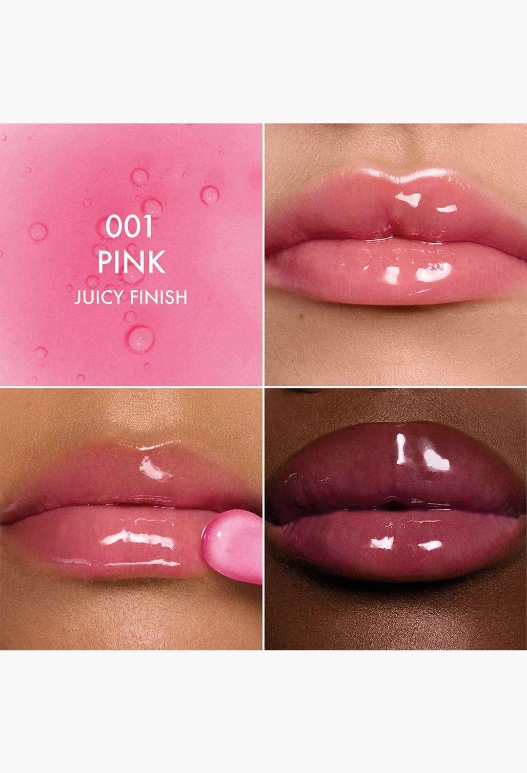 GLAM MODA Dior Addict Lip Glow Oil in 001 Pink showing glossy, hydrated lips with a juicy finish on diverse skin tones