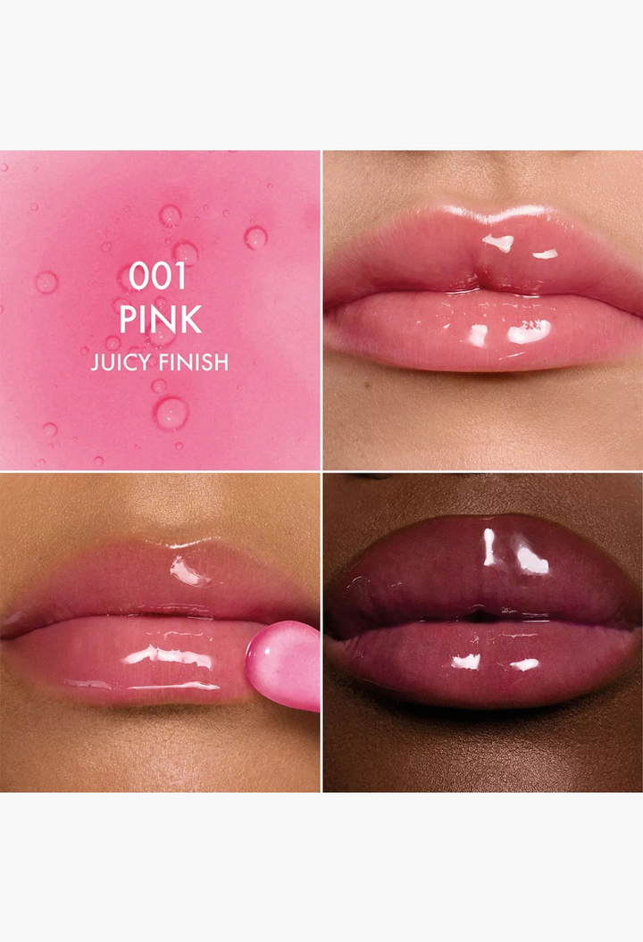 GLAM MODA Dior Addict Lip Glow Oil in 001 Pink showing glossy, hydrated lips with a juicy finish on diverse skin tones