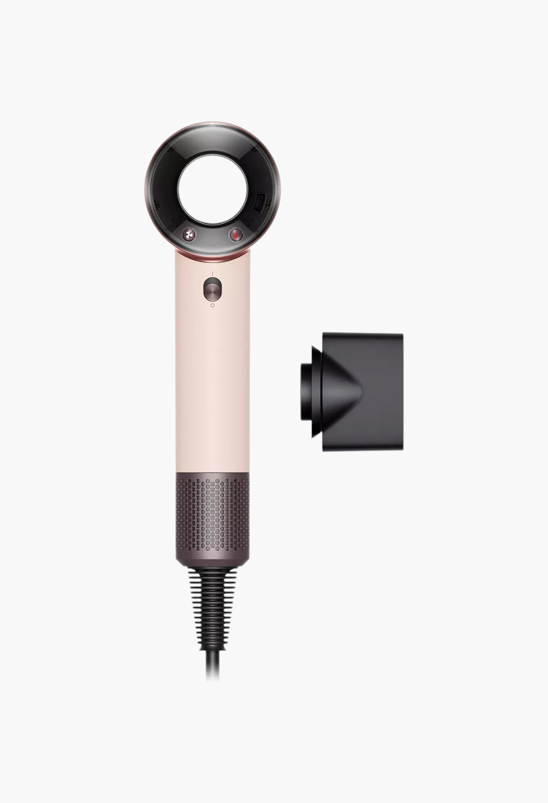 GLAM MODA Supersonic travel hair dryer in ceramic pink with a styling concentrator attachment on a white background.