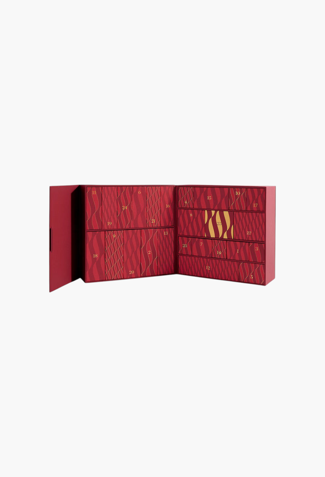 GLAM MODA red skincare advent calendar with 25 numbered drawers and gold wave patterns on a white background