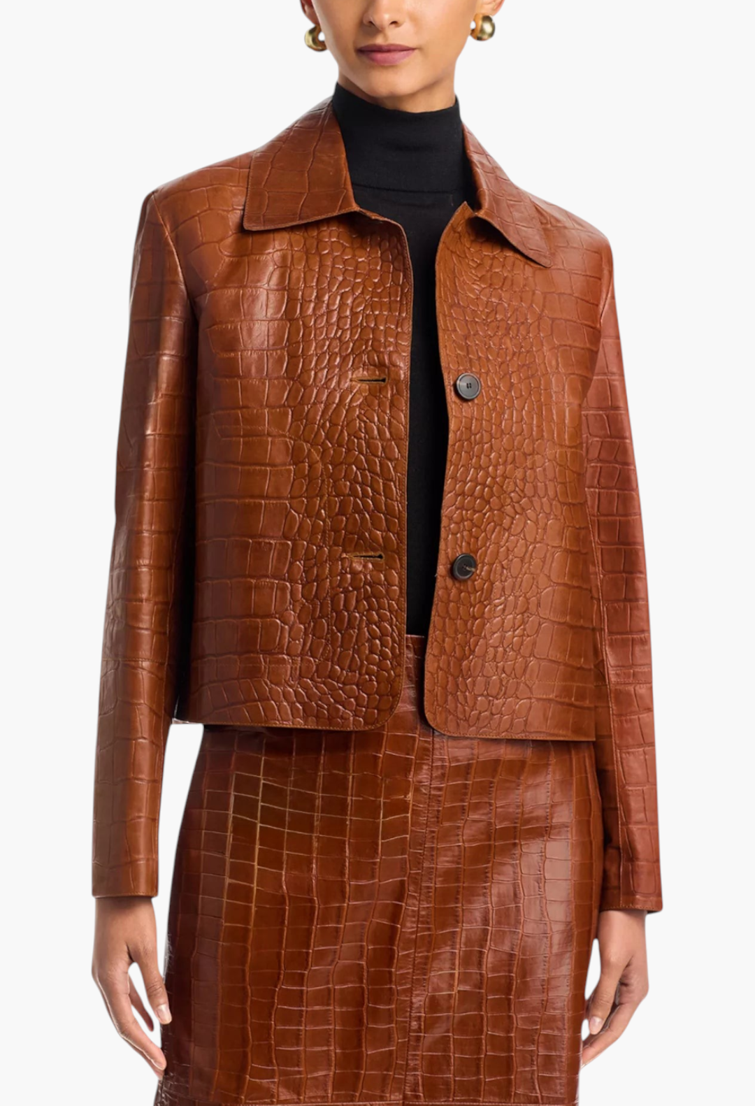 GLAM MODA Emy brown embossed leather jacket with a spread collar and button front closure on a model