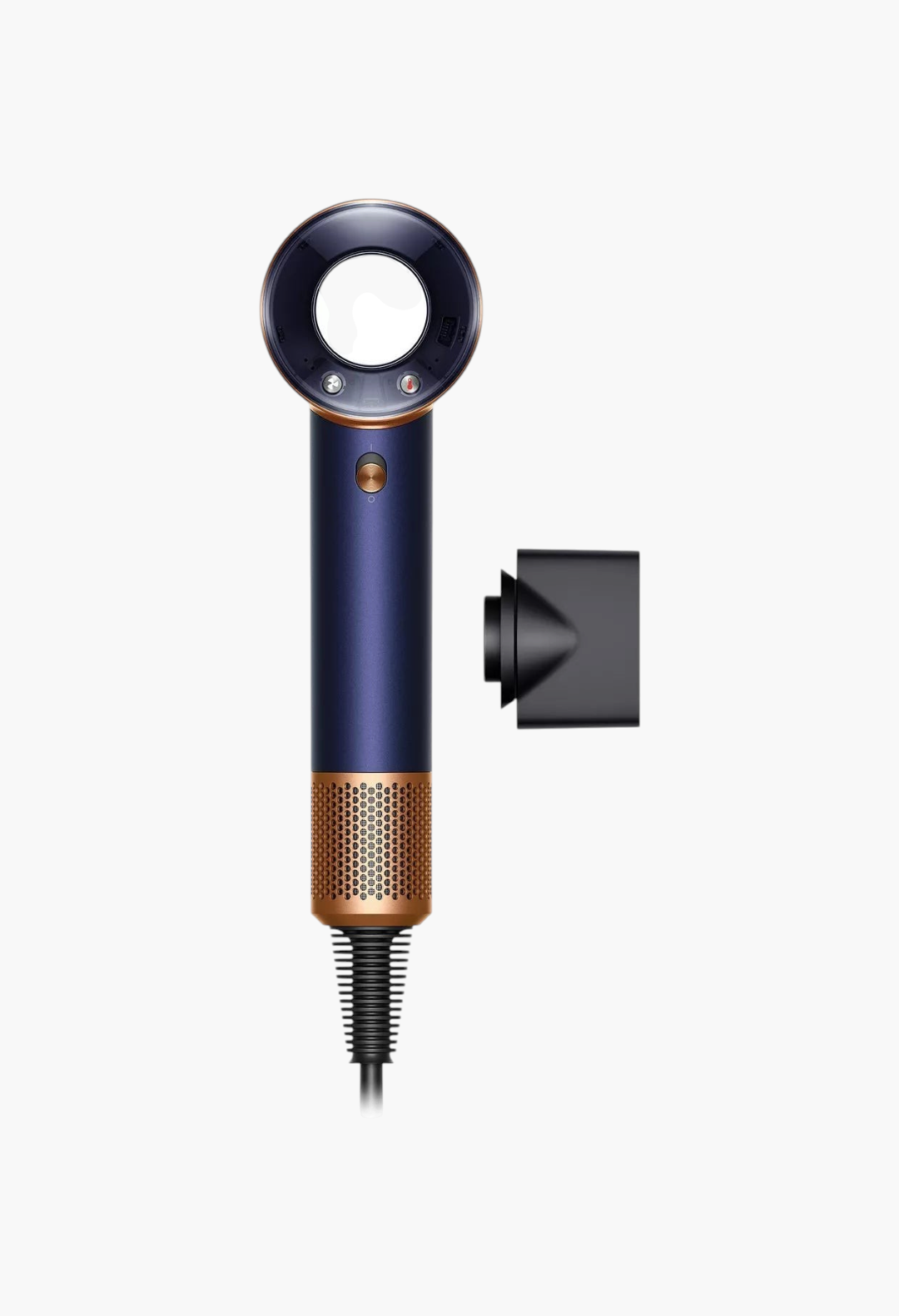 GLAM MODA Supersonic travel hair dryer in Prussian Blue and Copper with a styling concentrator attachment.