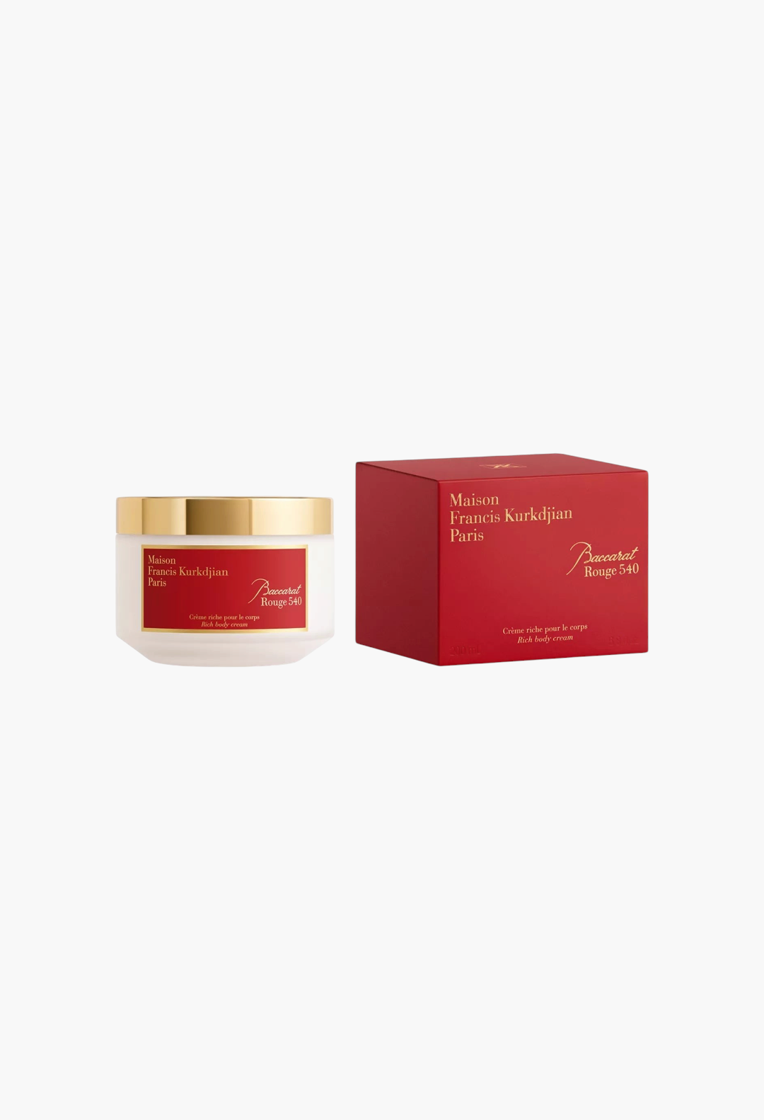 GLAM MODA Baccarat Rouge 540 rich body cream in a white jar with gold lid next to its red branded packaging box.